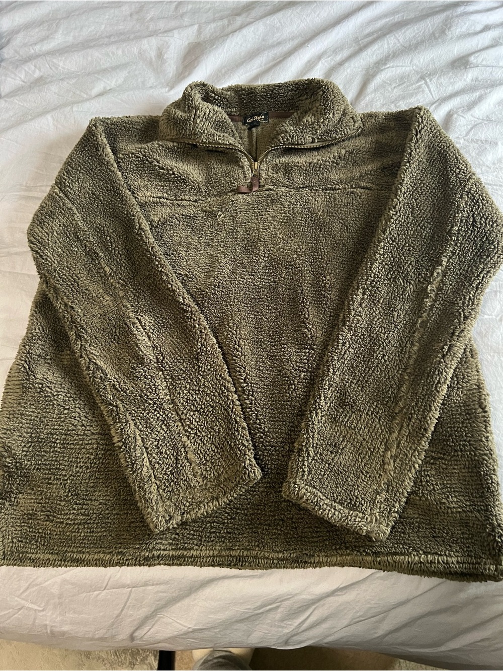 Olive Green Sherpa Quarter-Zip Pullover Jacket
